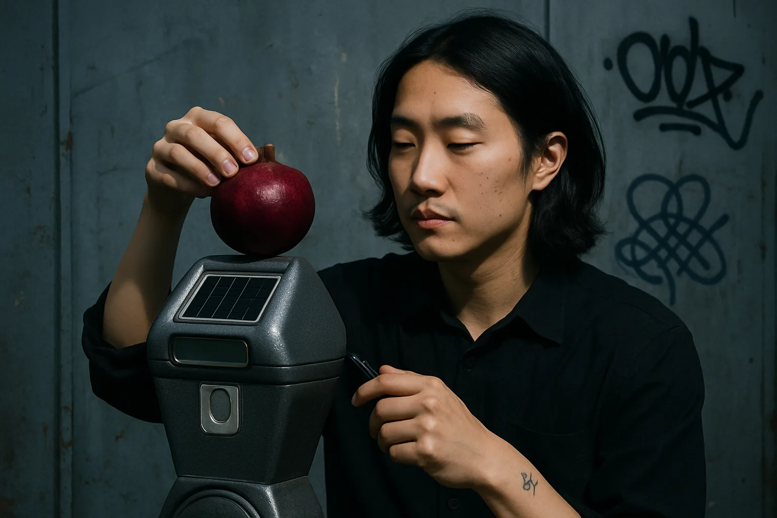 East Asian Poet with a Subtle Wrist Tattoo Pensively Balances