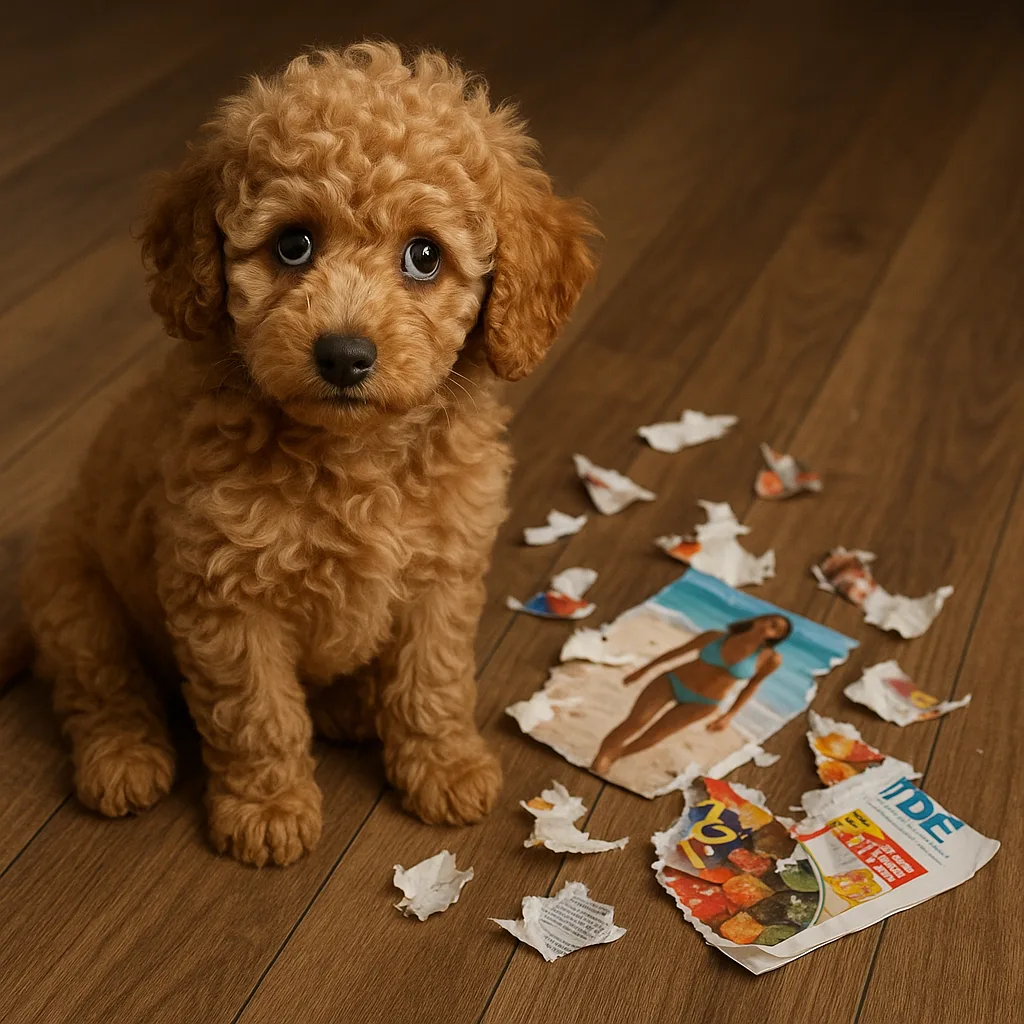 Young Poodle with Curly Fur Sits Next to a Ripped