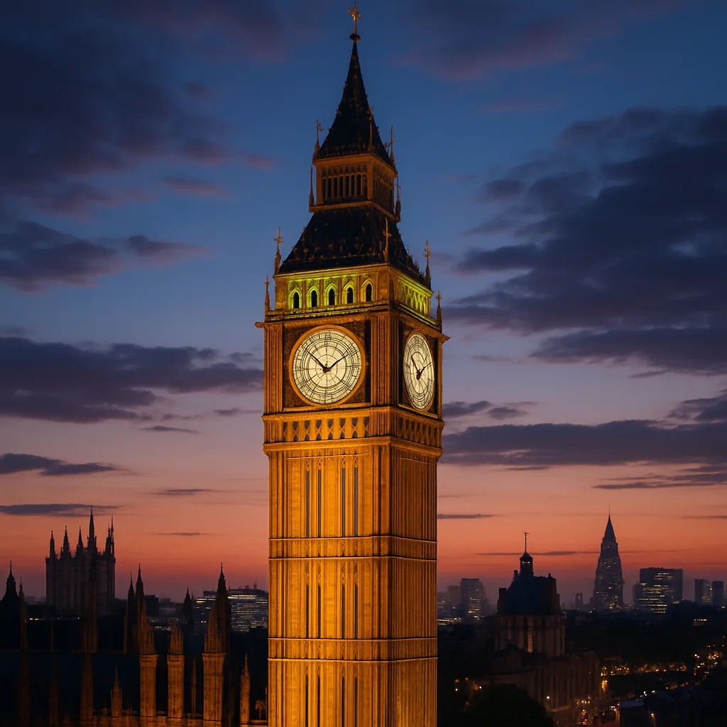 Big Ben's Clock Tower Glowing Brightly as It Towers