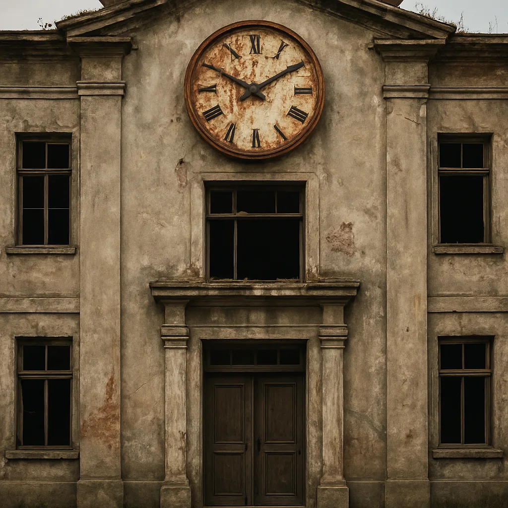 Aged and Somewhat Deteriorated Structure Featuring a Corroded Clock