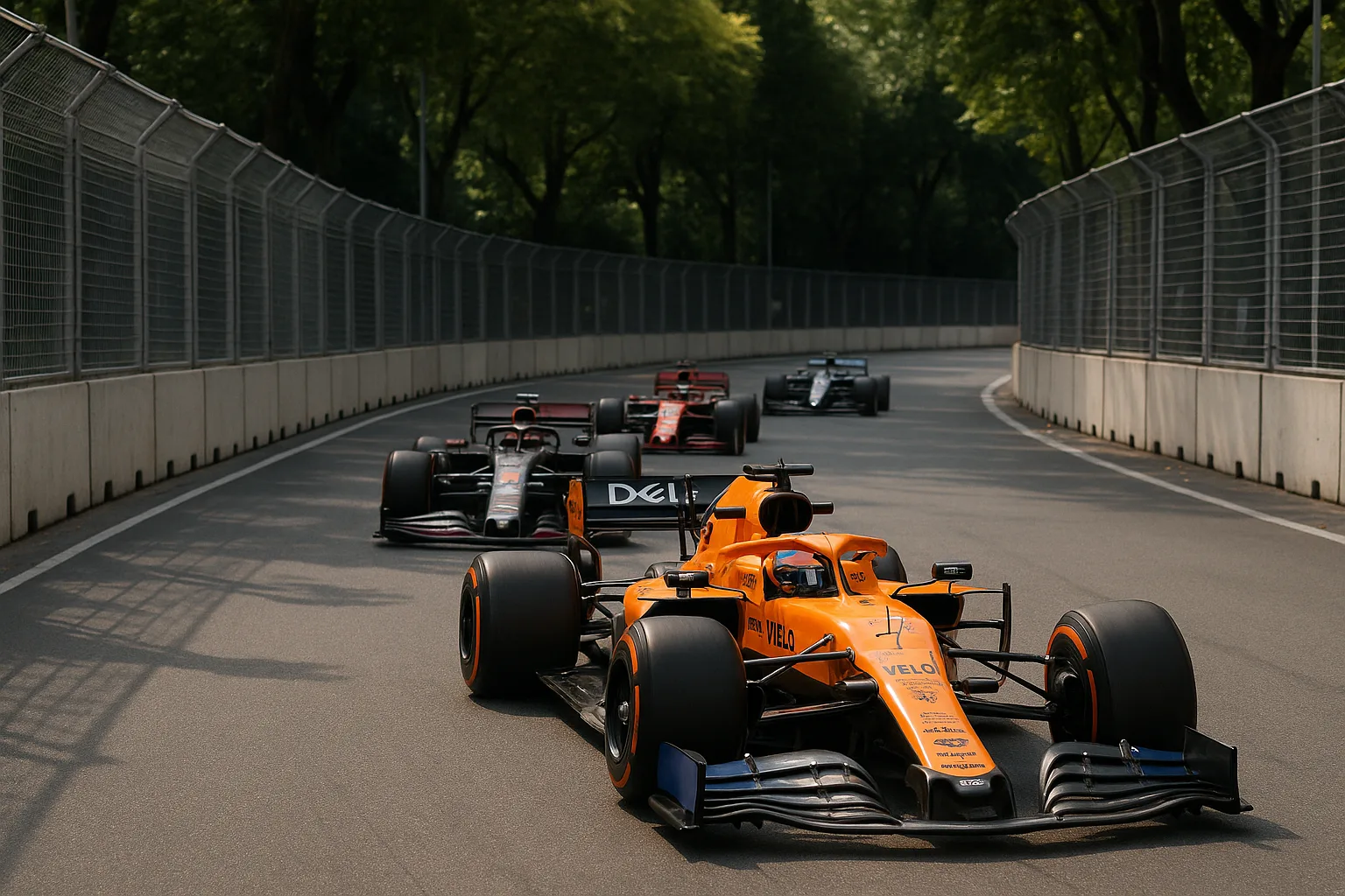Orange McLaren Formula 1 Car Leads a Group of Cars