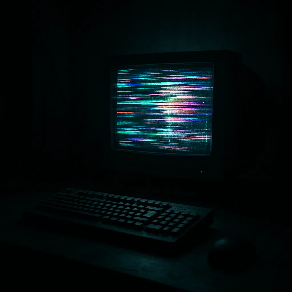Faintly Illuminated Setting Featuring a Malfunctioning Computer Screen