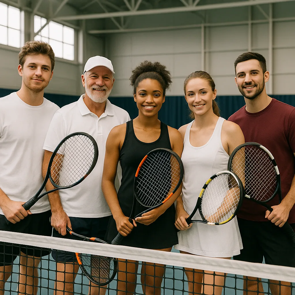 Group of Five Tennis Players Holding Rackets Stands Together