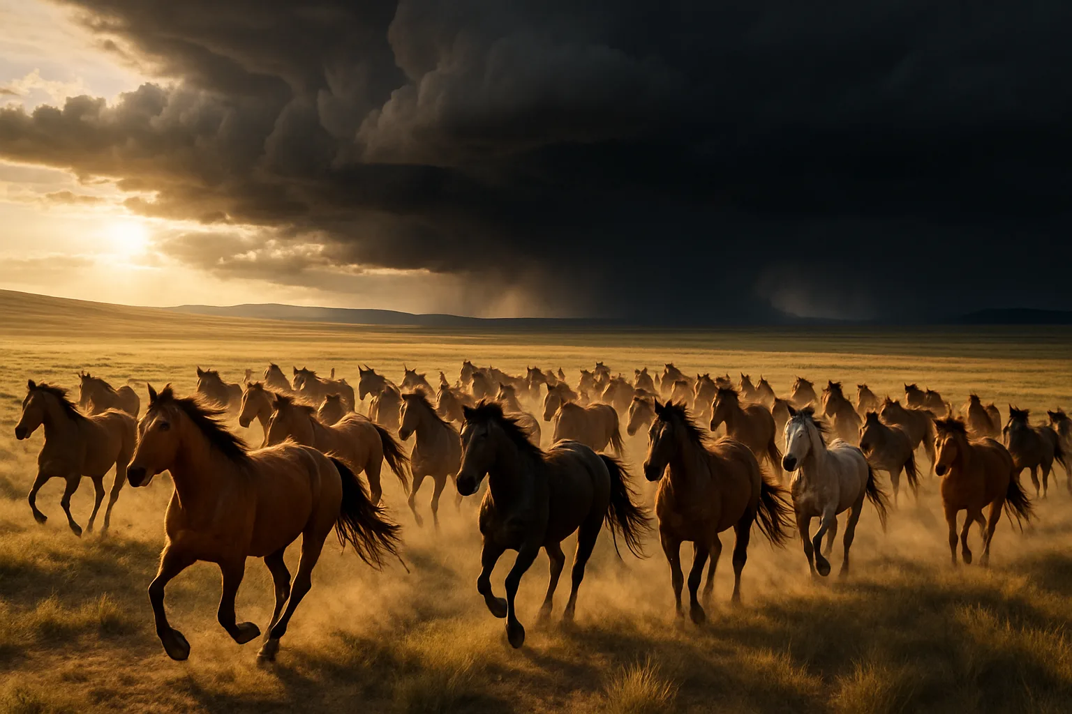 Large Herd of Wild Horses Gallops