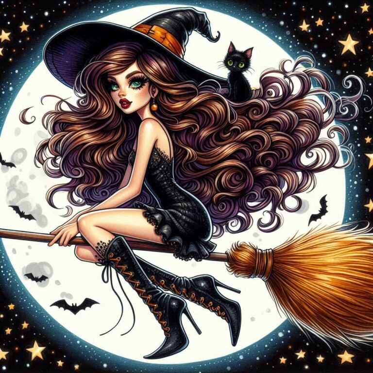 Whimsical Witch Riding Broom with Cat