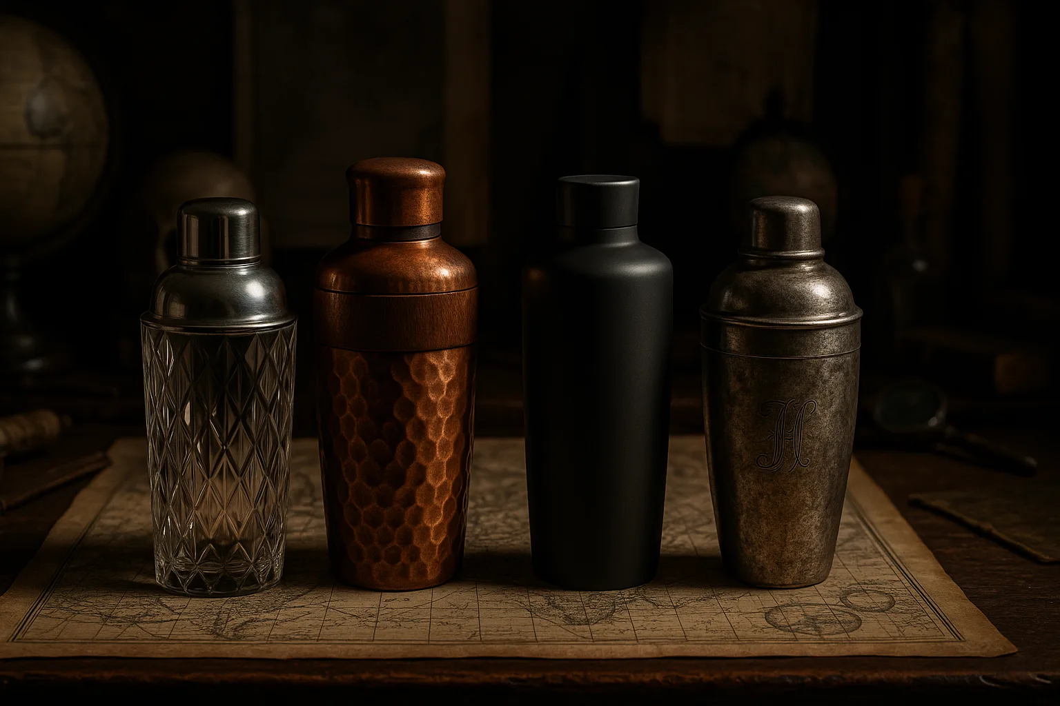 Collection of Four Distinct Cocktail Shakers—one a Faceted Geometric Crystal