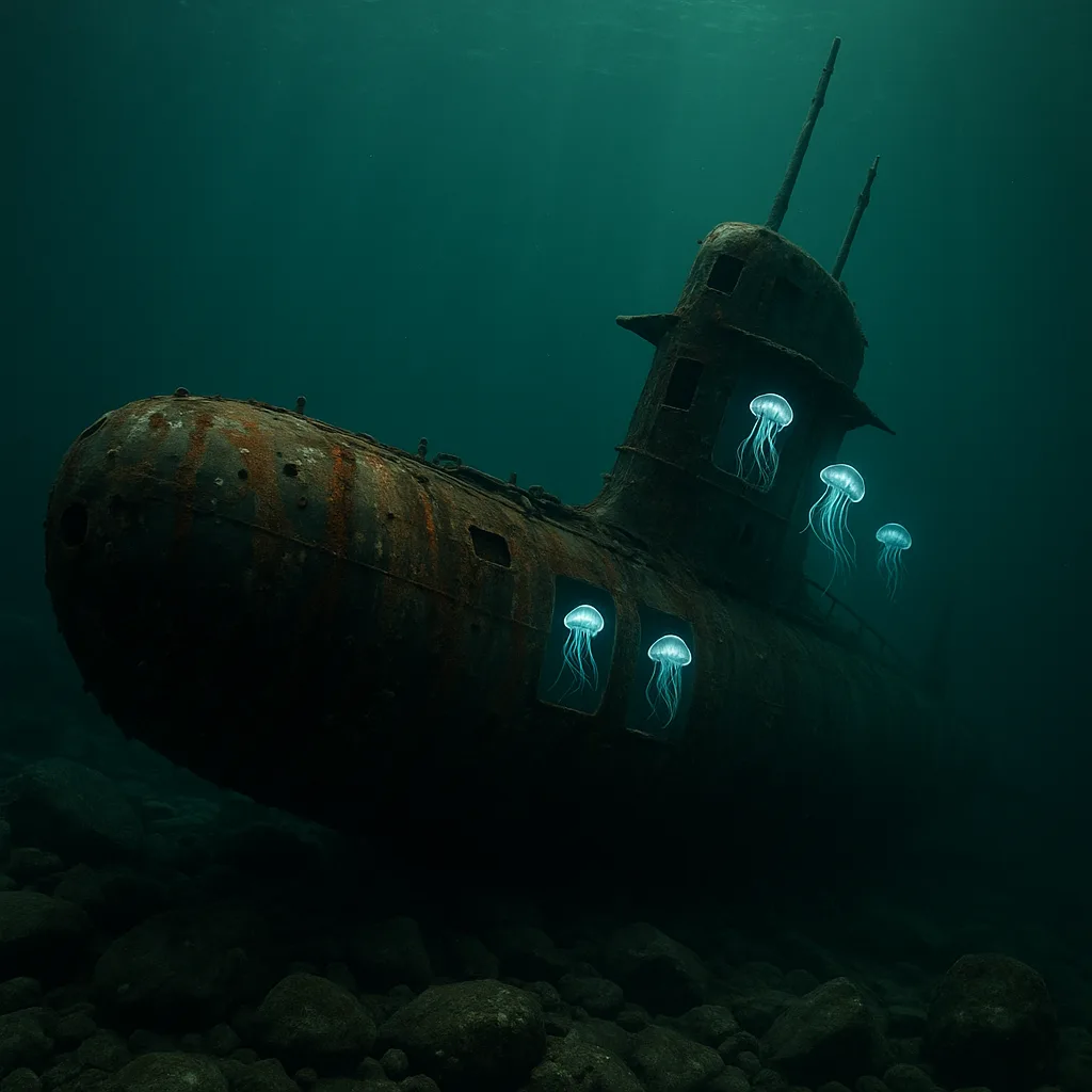 Aged Submarine Lies Abandoned on the Rugged Ocean Floor