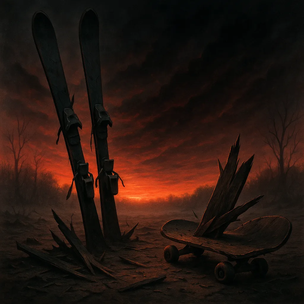 Sunrise Setting Featuring Broken Skis and a Fragmented Skateboard