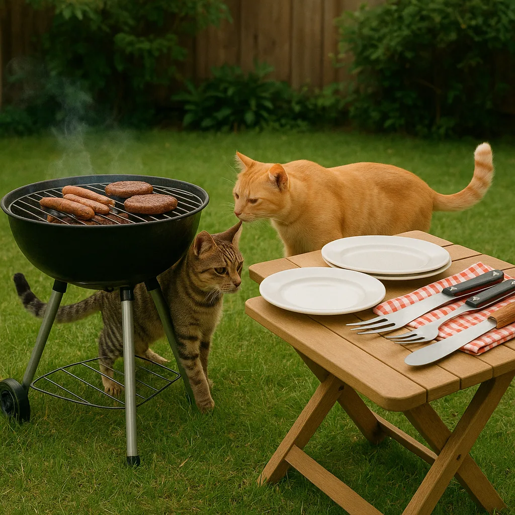 Two Cats Exploring a Backyard Barbecue Setup with a Grill