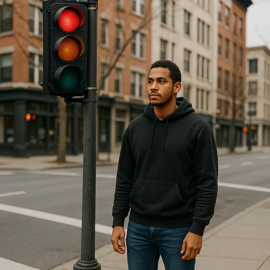 Individual Positioned Beside a Traffic Signal at a Crossroads