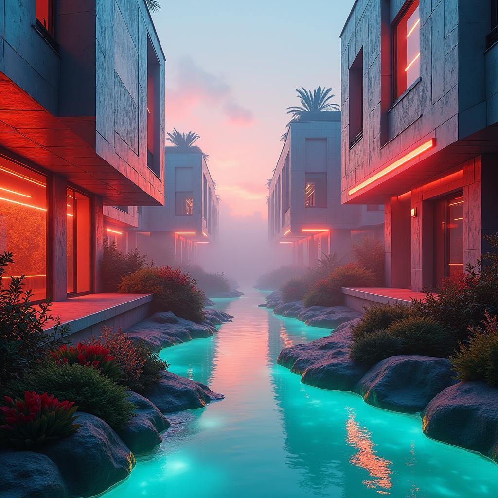 Gehry Inspired Neon Architecture at Sunrise