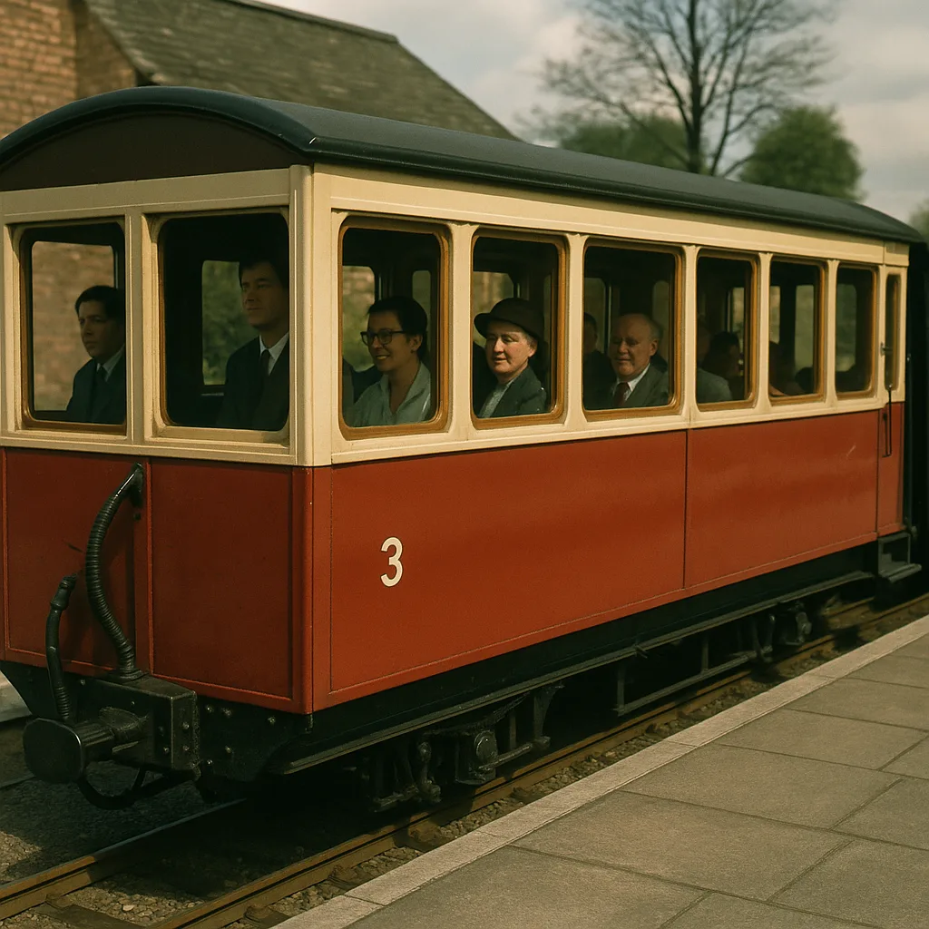 Vintage Red and Cream Narrow-gauge Train Carriage at a Station