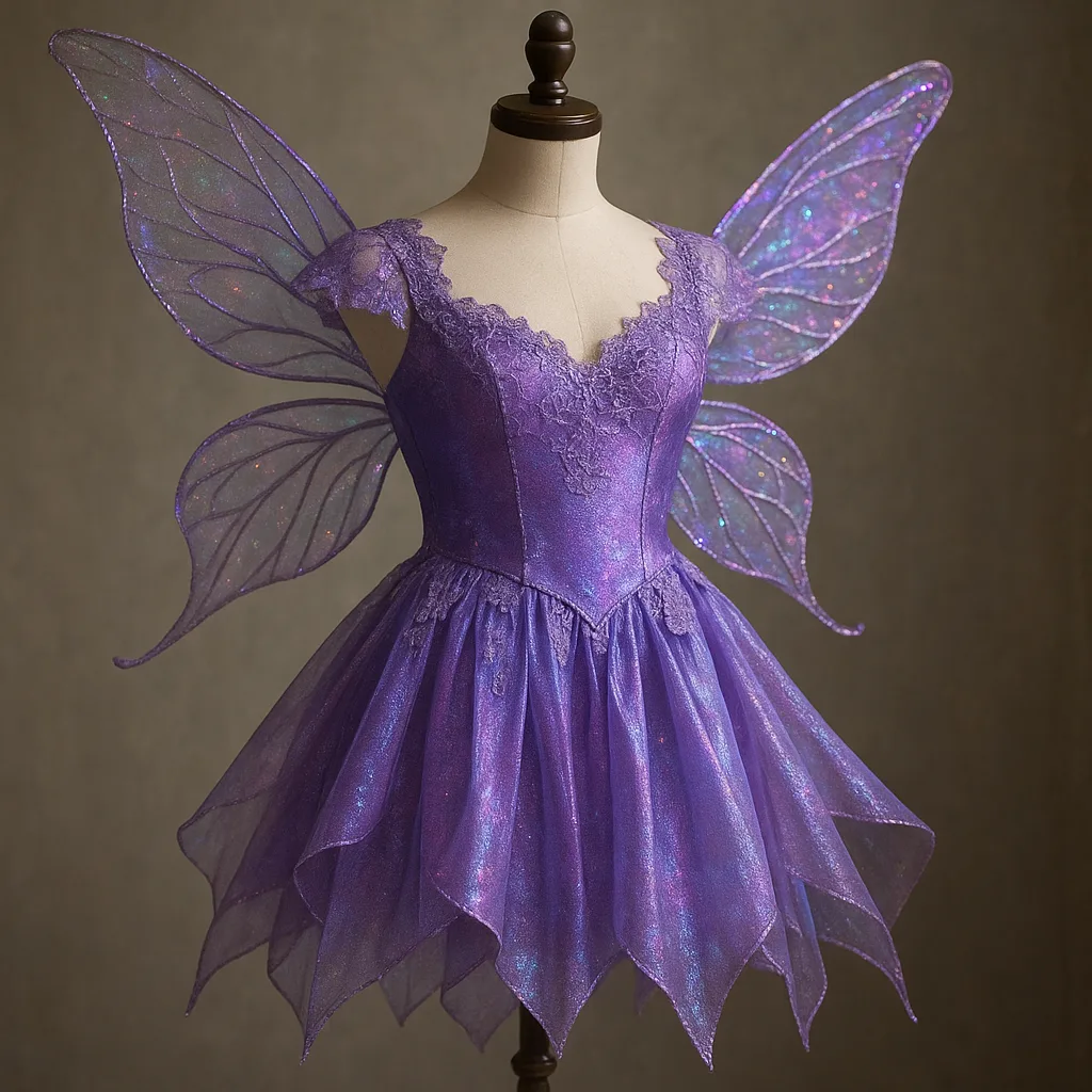 Mannequin Adorned with an Iridescent Purple Fairy Dress Featuring Intricate