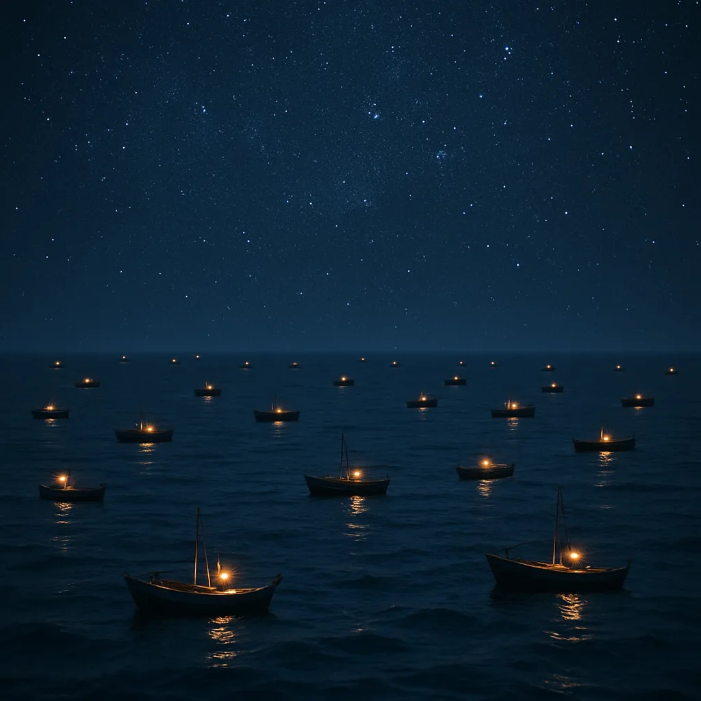 Numerous Tiny Fishing Boats with Faint