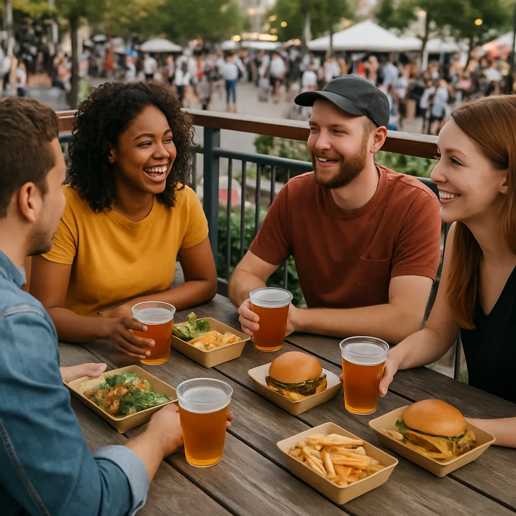 Group of People Sitting at an Outdoor Wooden Picnic Table