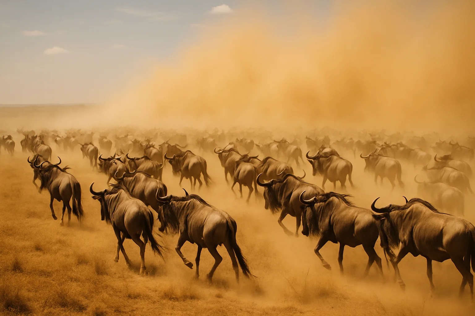 Large Herd of Distant Wildebeest Thunders Across a Vast