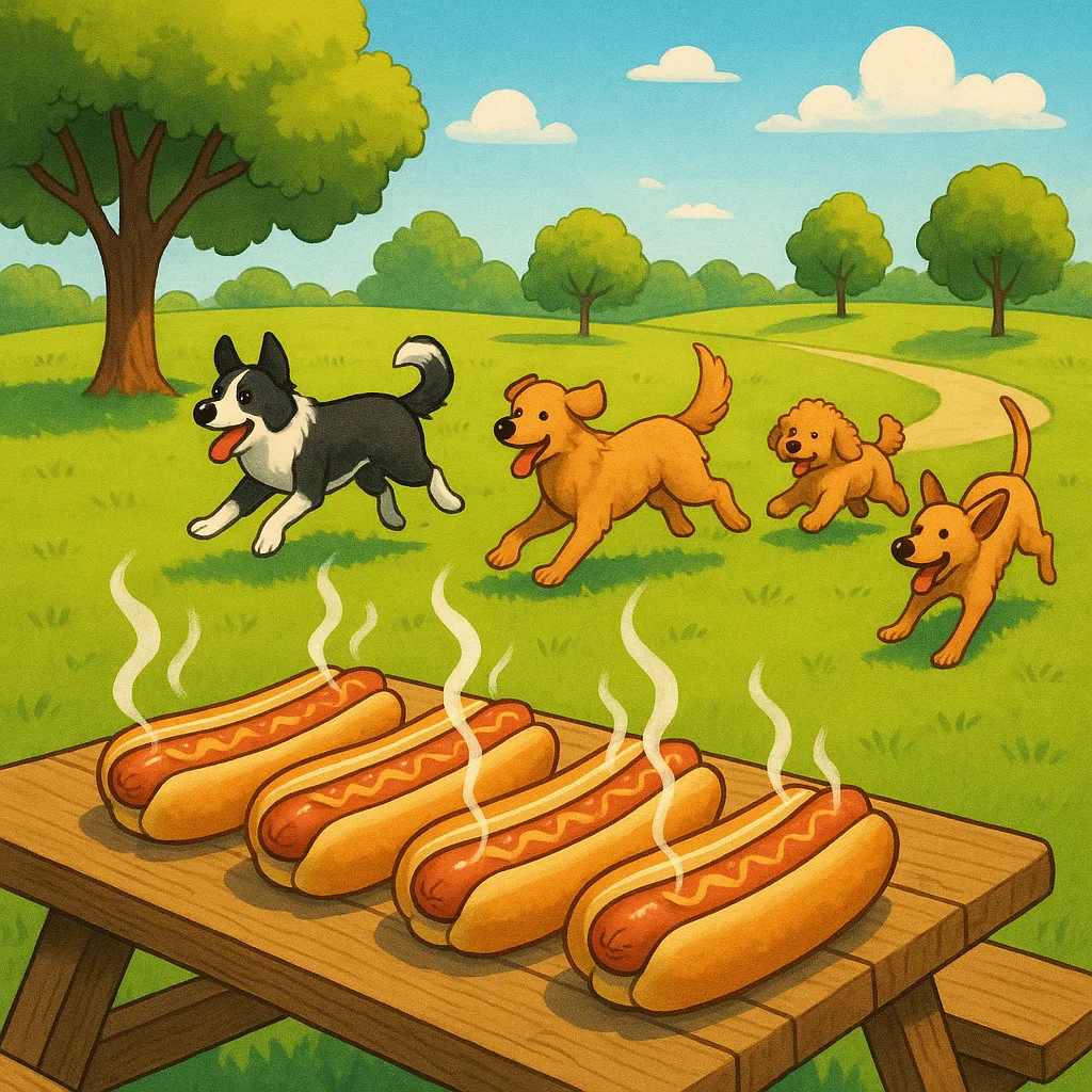 Depict a Vibrant Setting Featuring Five Freshly Steamed Hot Dogs