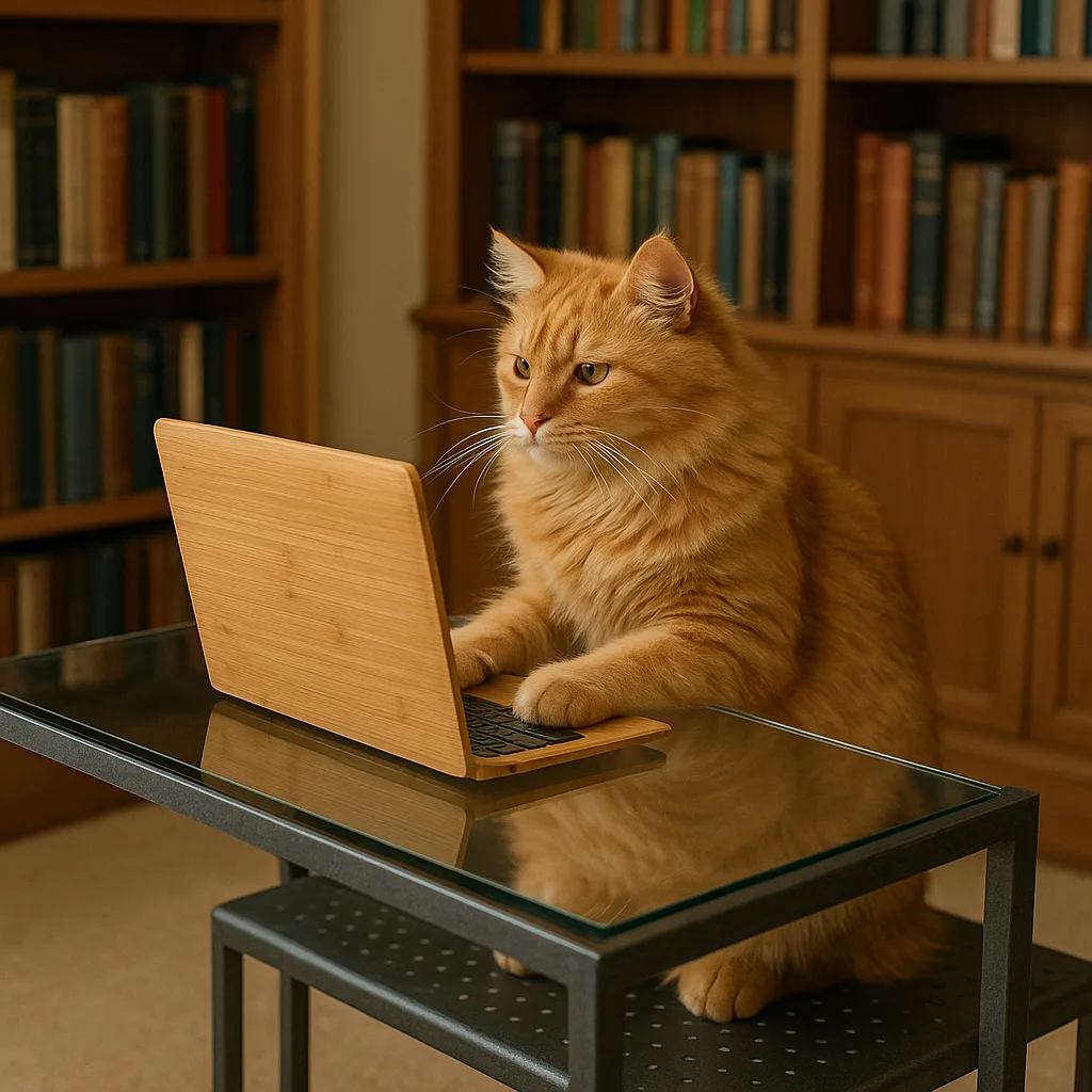 Bamboo Laptop Rests on the Glass Desk and Steel Bench