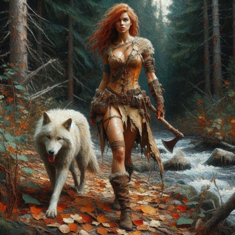 Muscular Woman with Wolf in Forest