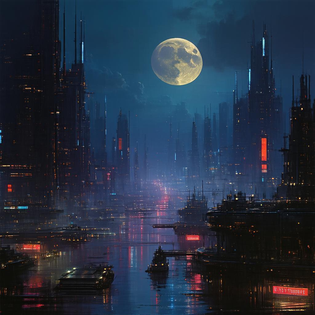 Neon City Night Beneath a High Moon
