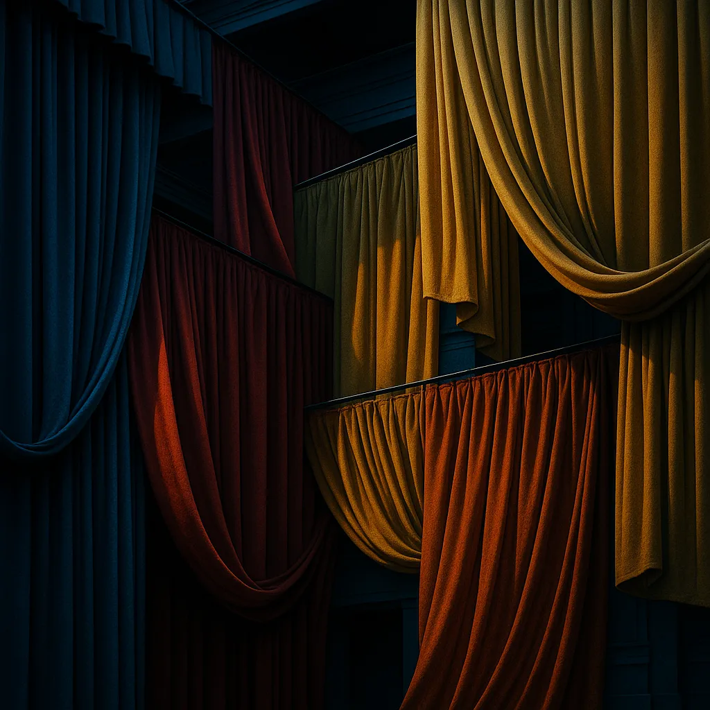Four Diverse Theater Curtains Overlap Asymmetrically in Compressed Escher Architecture