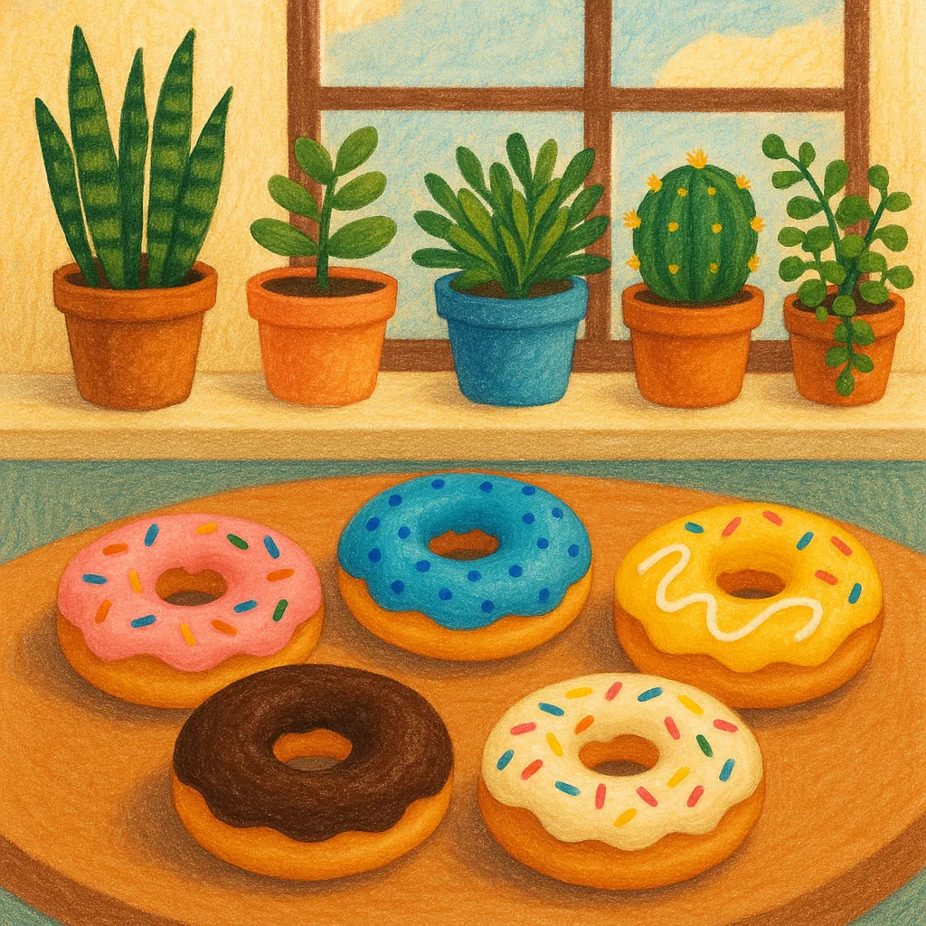 Depict a Vibrant Scene with Five Vividly Colored Donuts