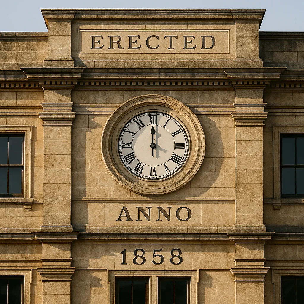Historic Building Facade with a Central Clock Reading 12 O'clock