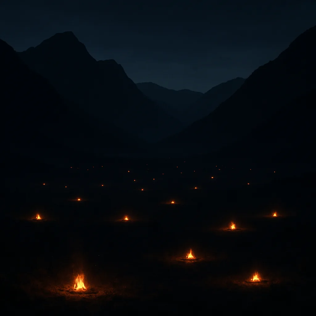 Many Distant Campfires Flicker Like Scattered Stars Across a Vast