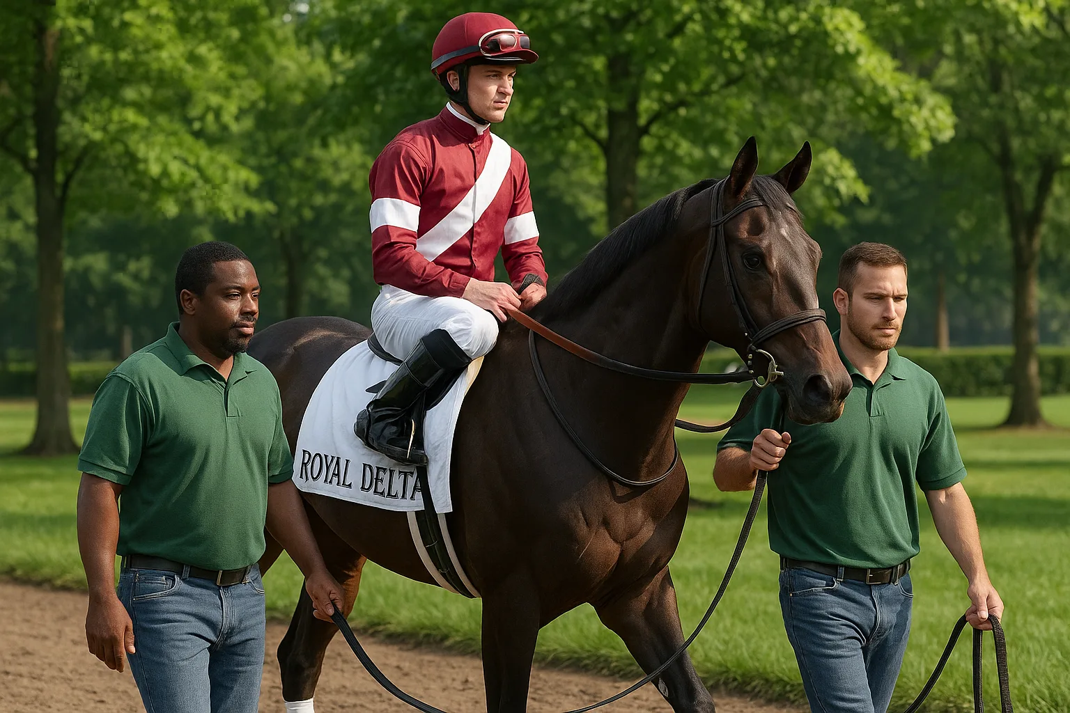 Jockey in Maroon and White Attire Sits