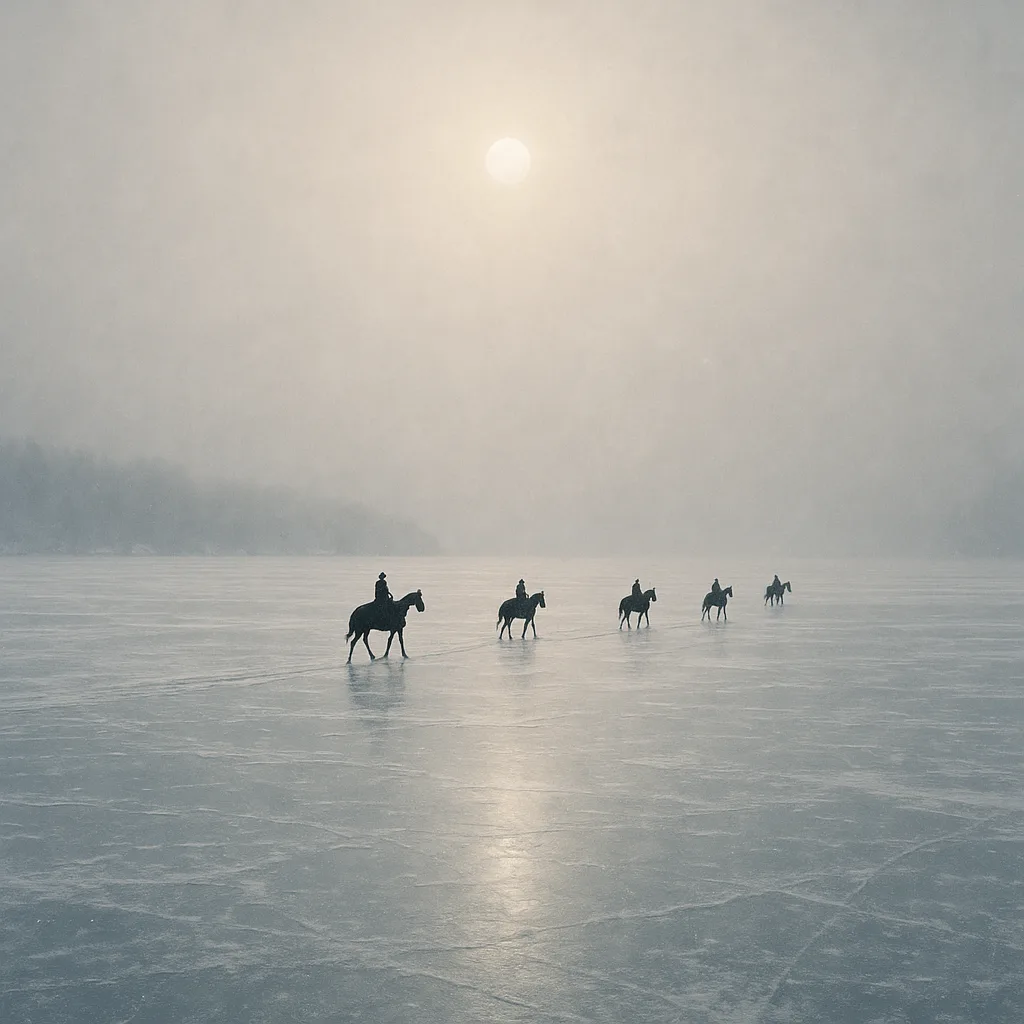 Sparse Procession of Tiny Figures on Horseback Slowly Crosses