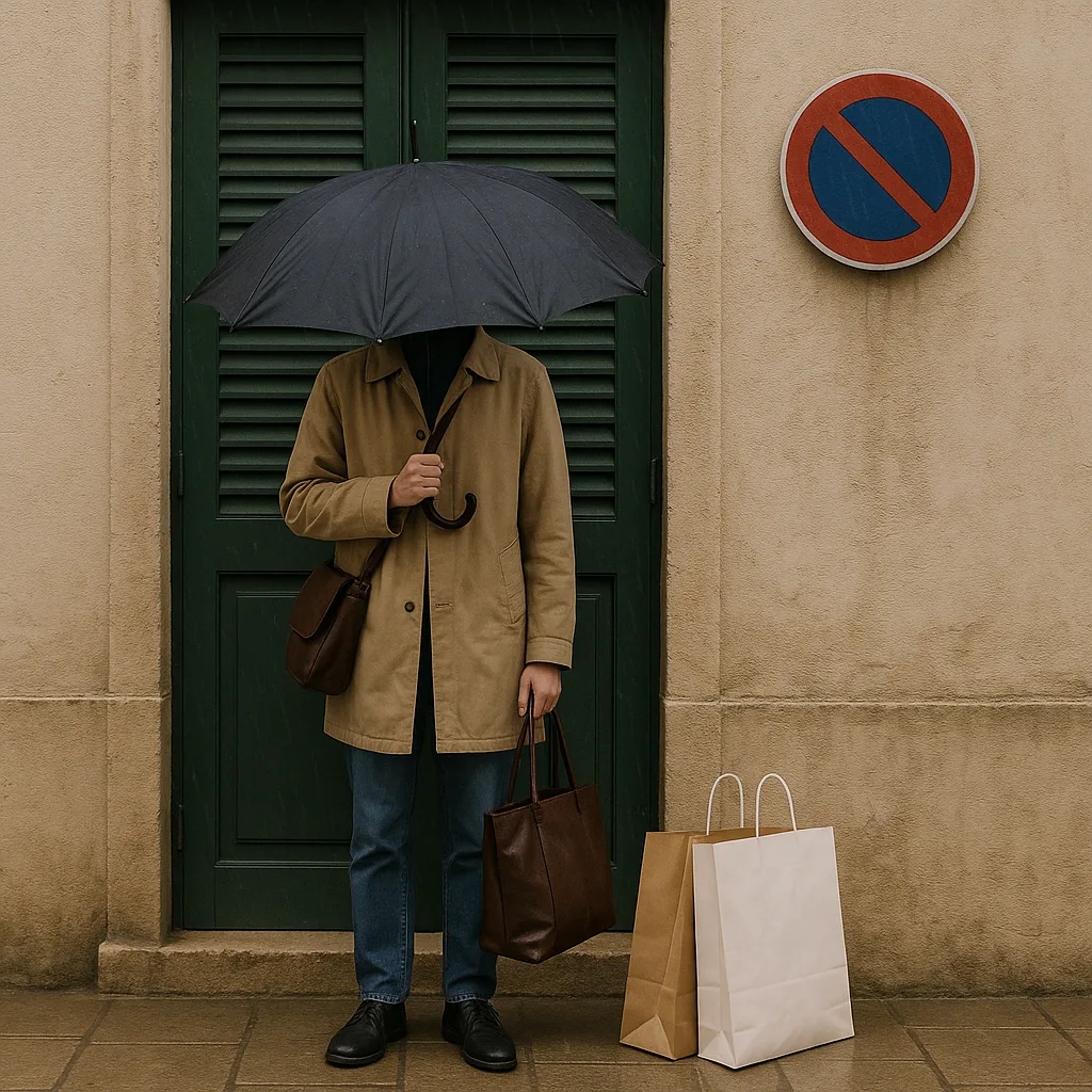 Person Stands near a Green Shuttered Door Holding an Umbrella