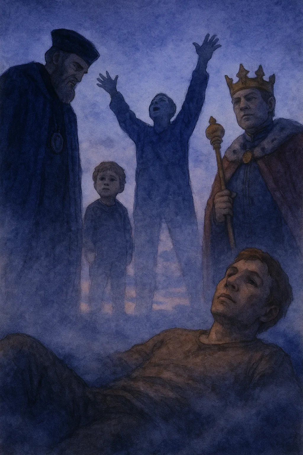 Diverse Figures—a Soft Watercolor Scholar in Deep Velvet