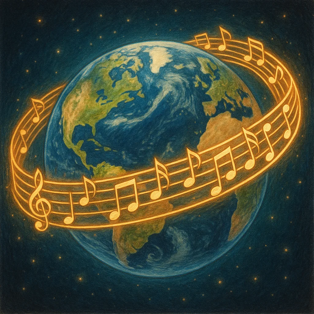 Earth Surrounded by a Luminous Ribbon Made of Musical Notes