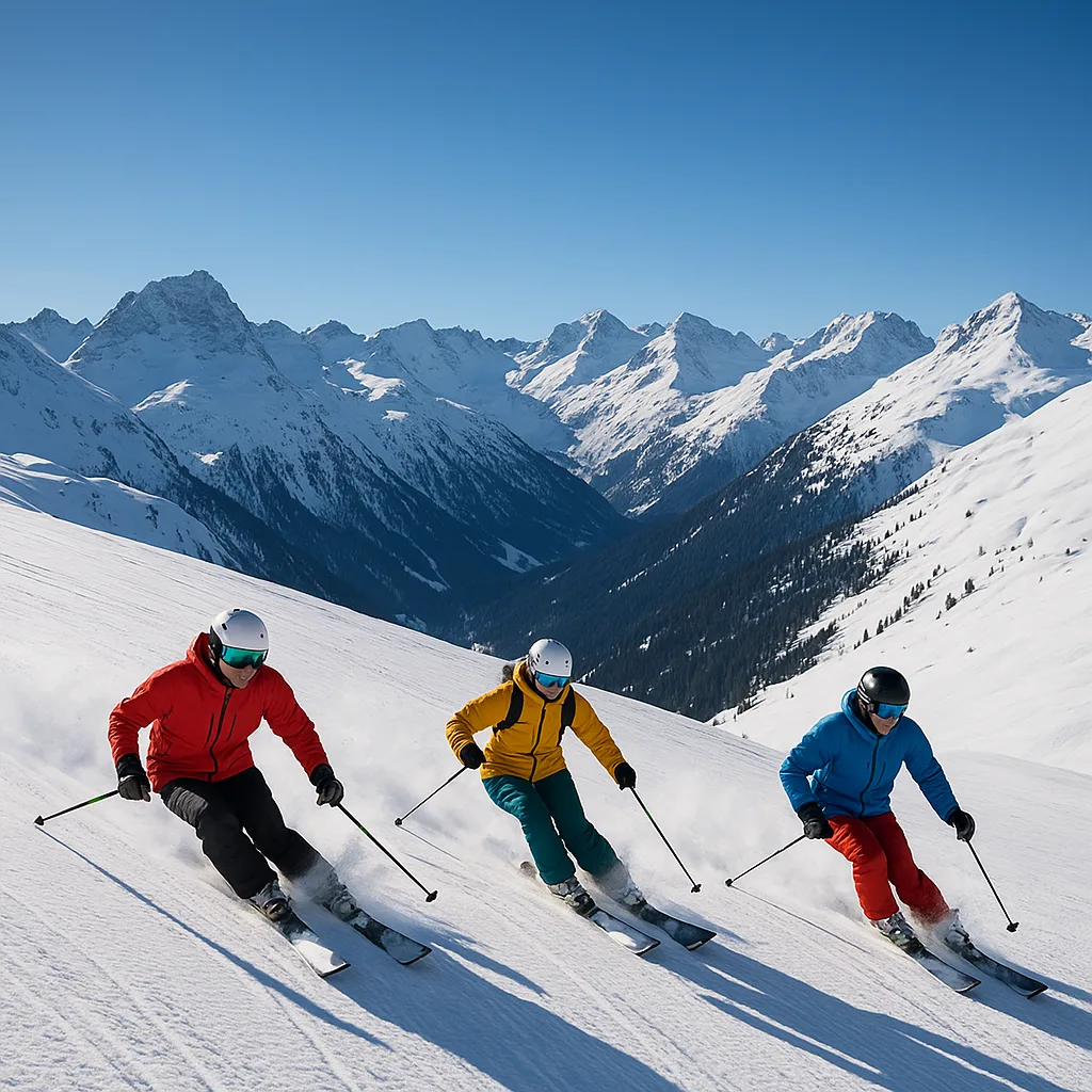 Three Skiers Carving Down a Pristine