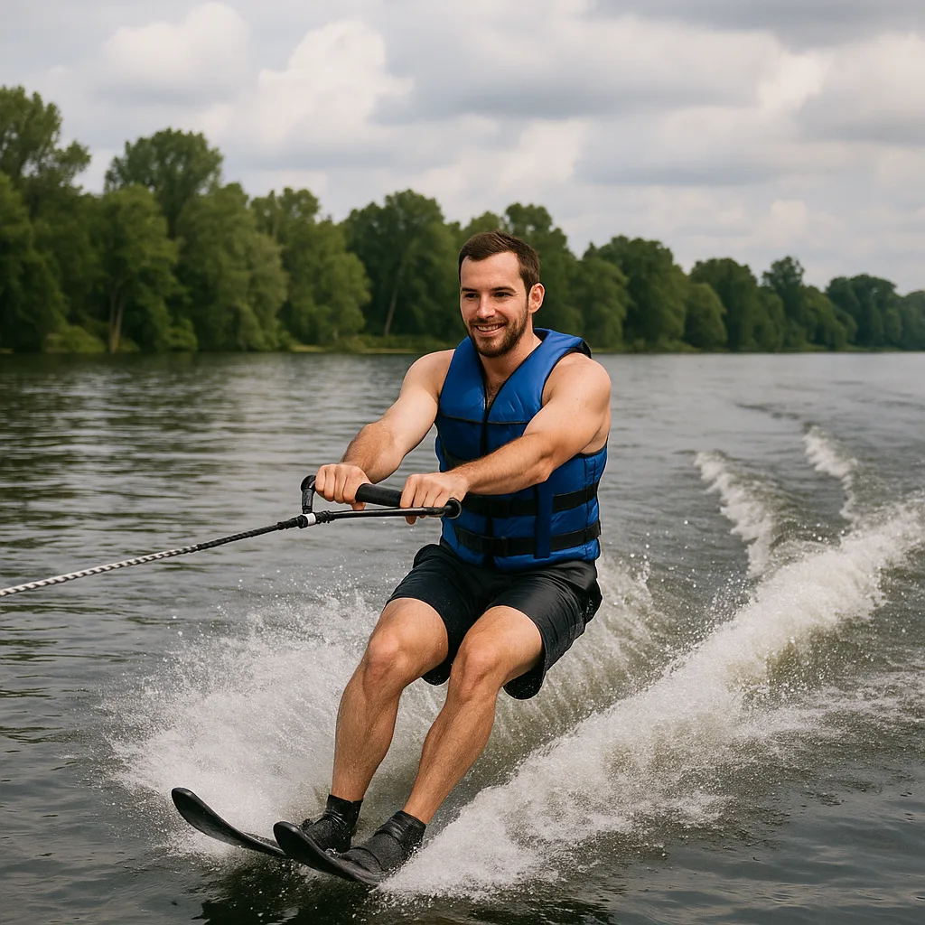 Person Water Skiing on a Lake Wearing a Blue Life