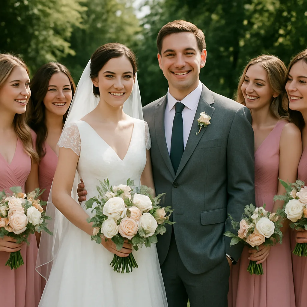 Bride in a White Wedding Gown Stands Beside a Groom