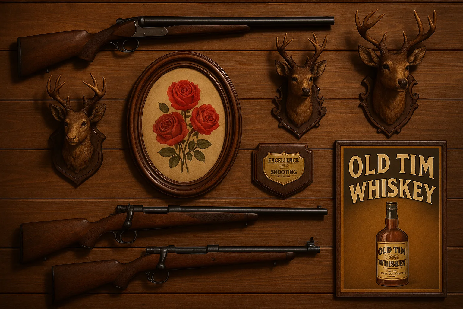 Wooden Wall Display Featuring Mounted Firearms