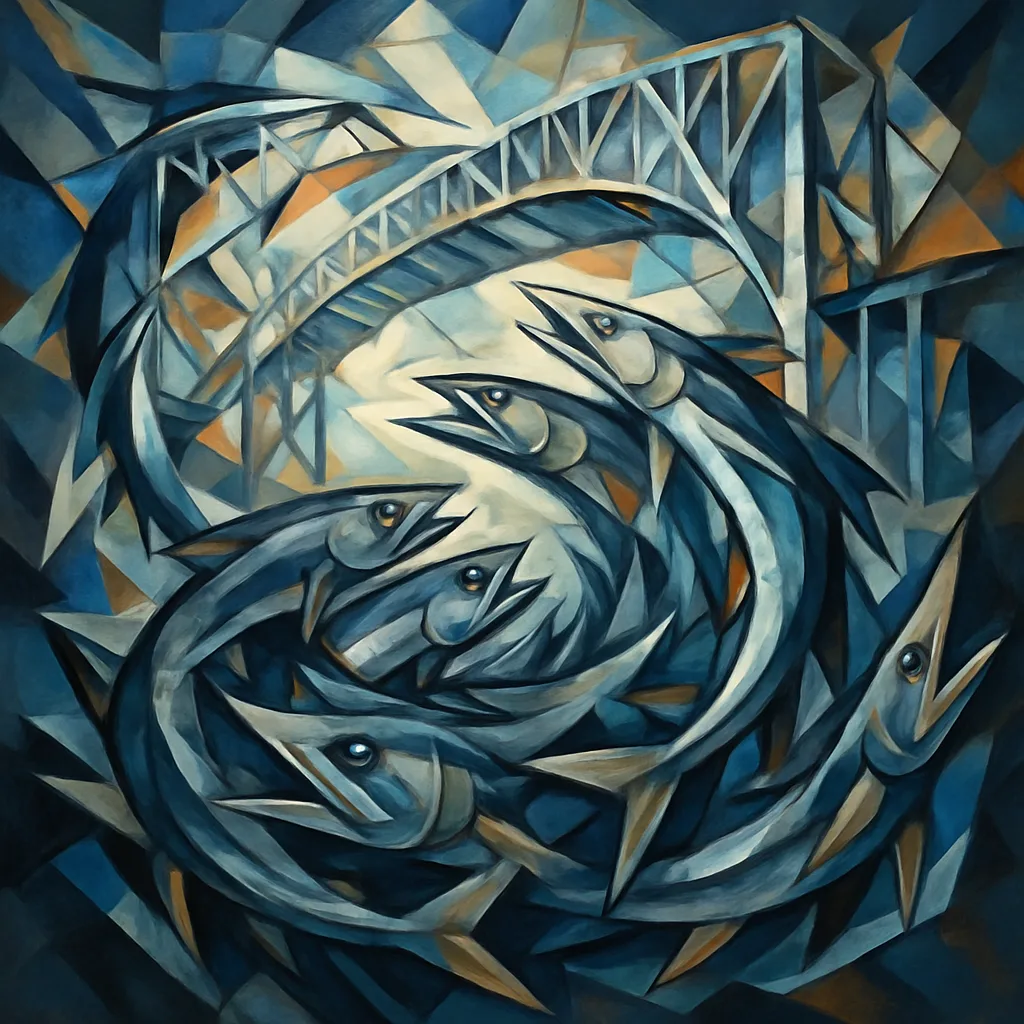 Abstract Cubist Painting Captures a Tumultuous Scene Where Angular Fish