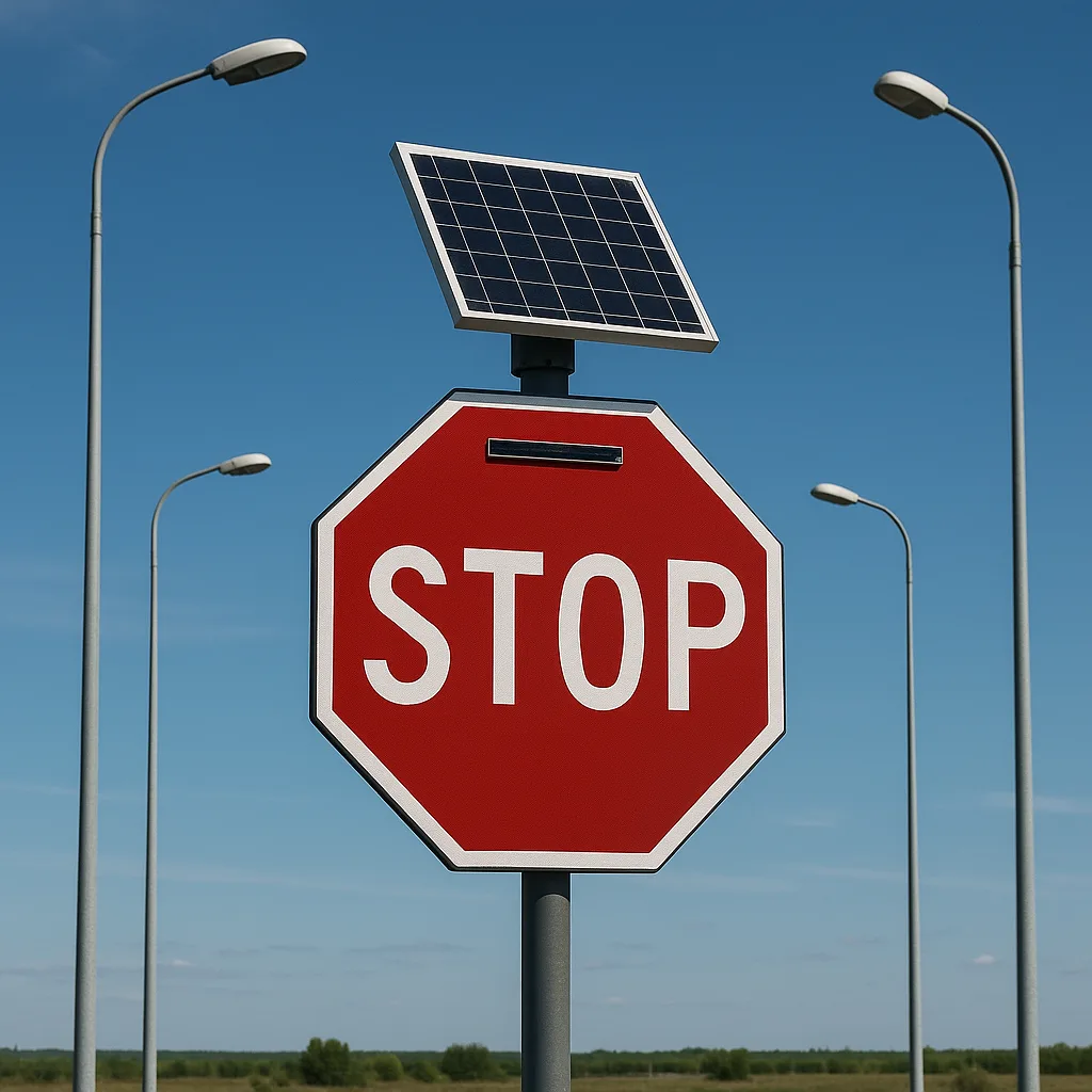 Stop Sign with a Solar Panel Mounted on Top