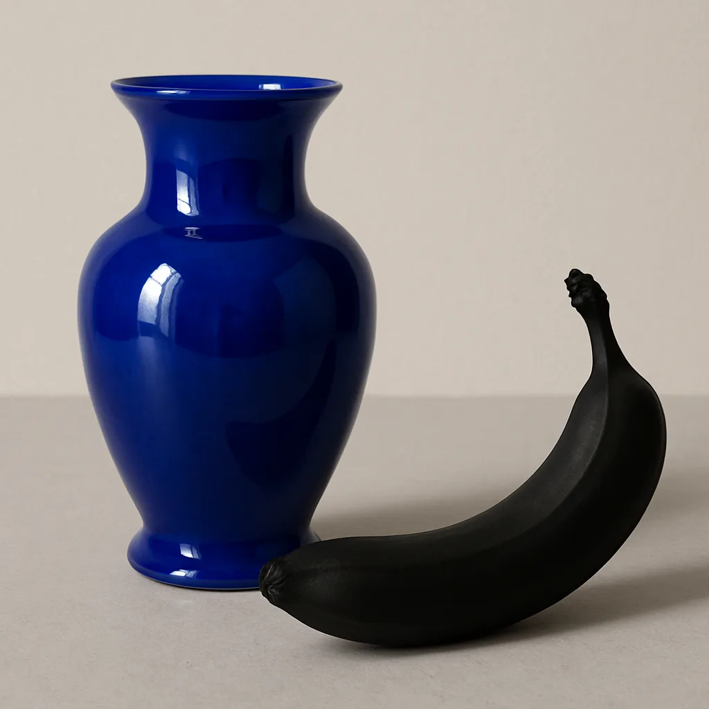 Ebony-toned Banana Positioned Next to a Cobalt Blue Vase