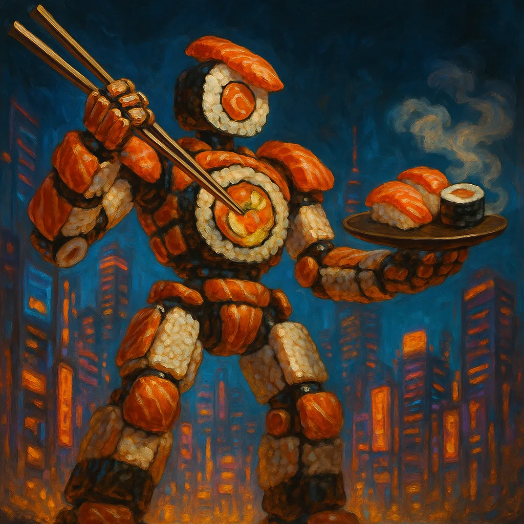 Detailed Oil Painting Depicting a Colossal Robot Constructed Entirely