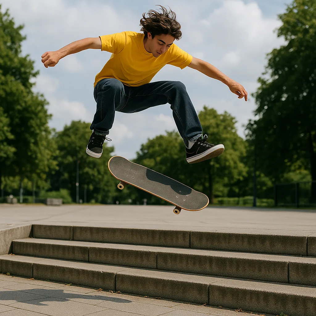 Skateboarder in a Yellow Shirt Performs a Kickflip