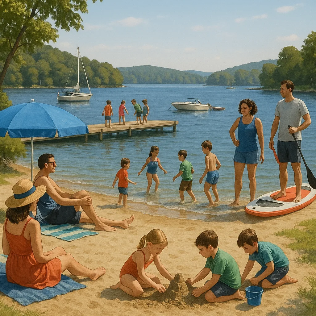People Enjoying Recreational Activities at a Lakeside Beach