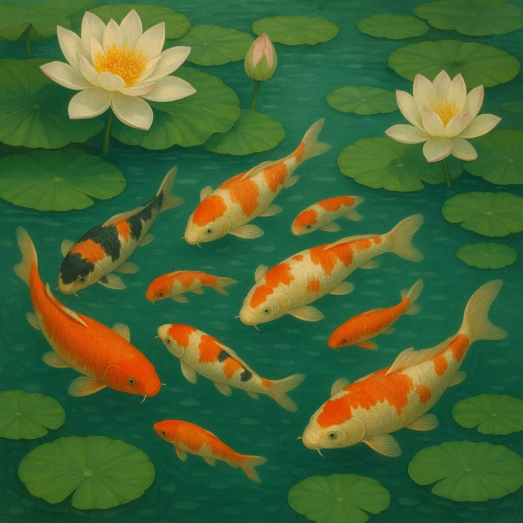 Tranquil Water Garden Featuring Colorful Koi Gliding Smoothly