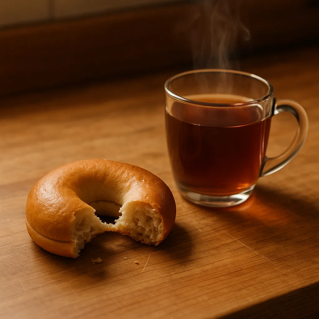 Steaming Cup of Tea Sits Close to a Partially Eaten
