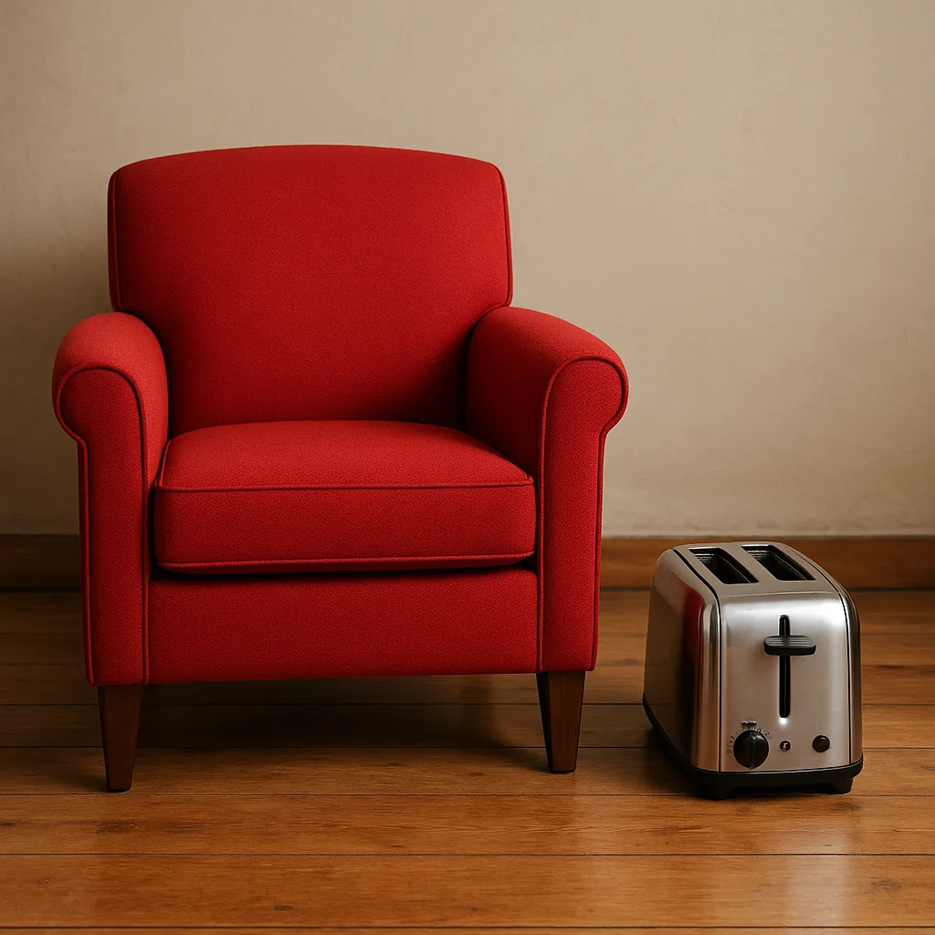 Silver Toaster Located to the Right of a Red Armchair