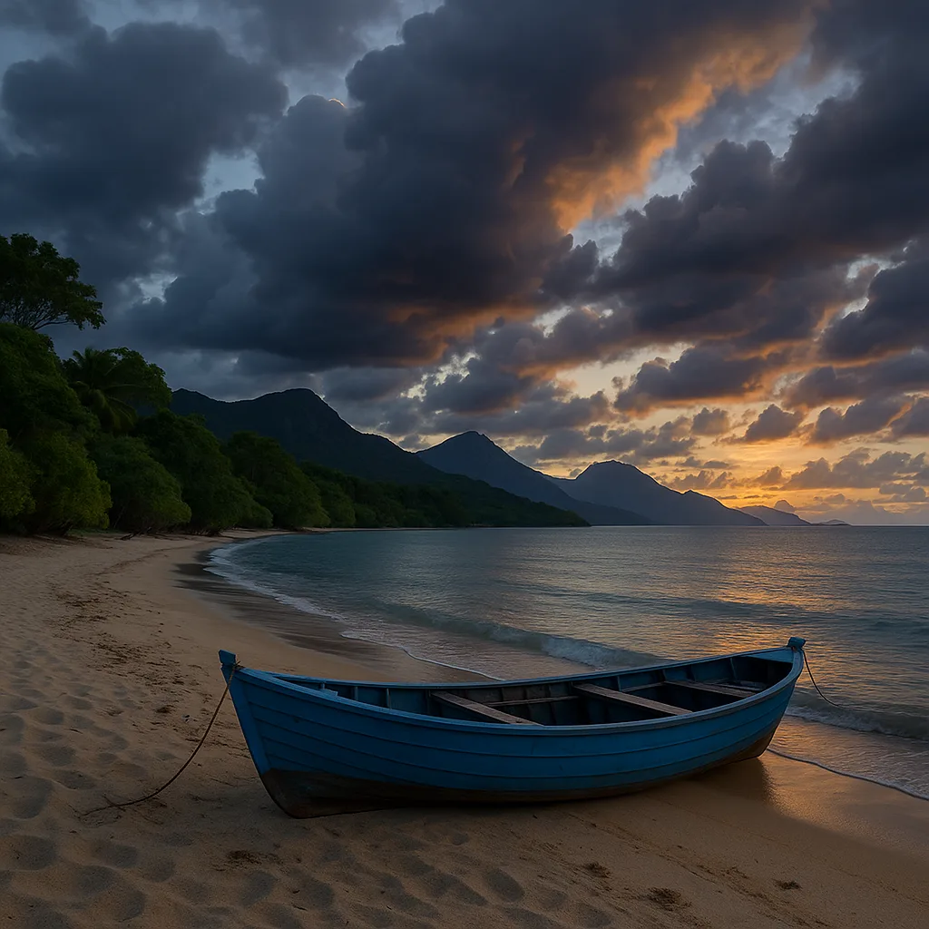 Tranquil Beach at Dusk with a Blue Boat