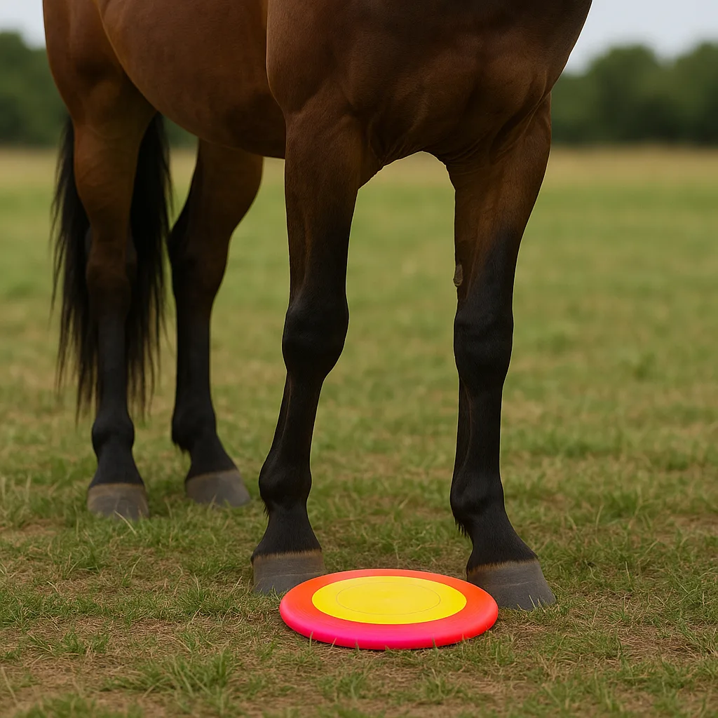 Standing Horse with a Vividly Colored Frisbee