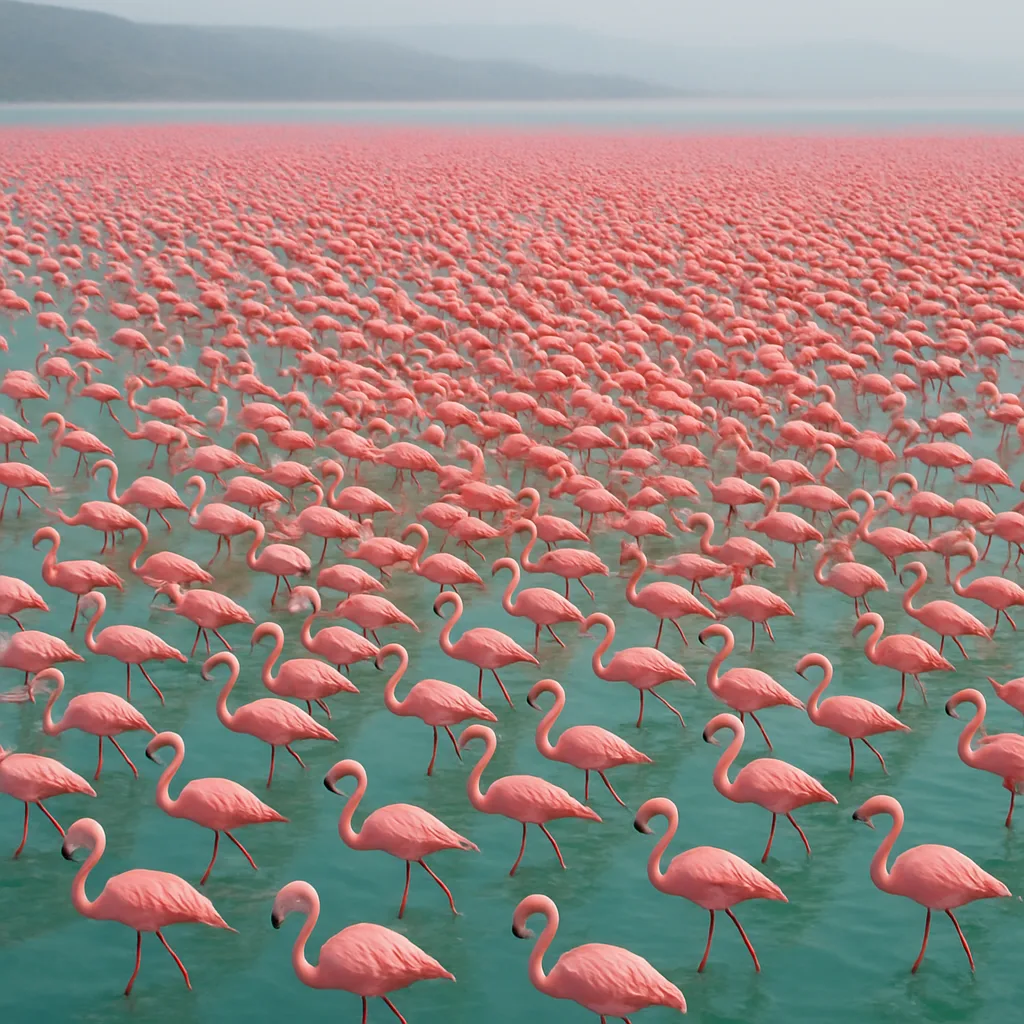 Thousands of Vibrant Pink Flamingos Wade in a Shallow