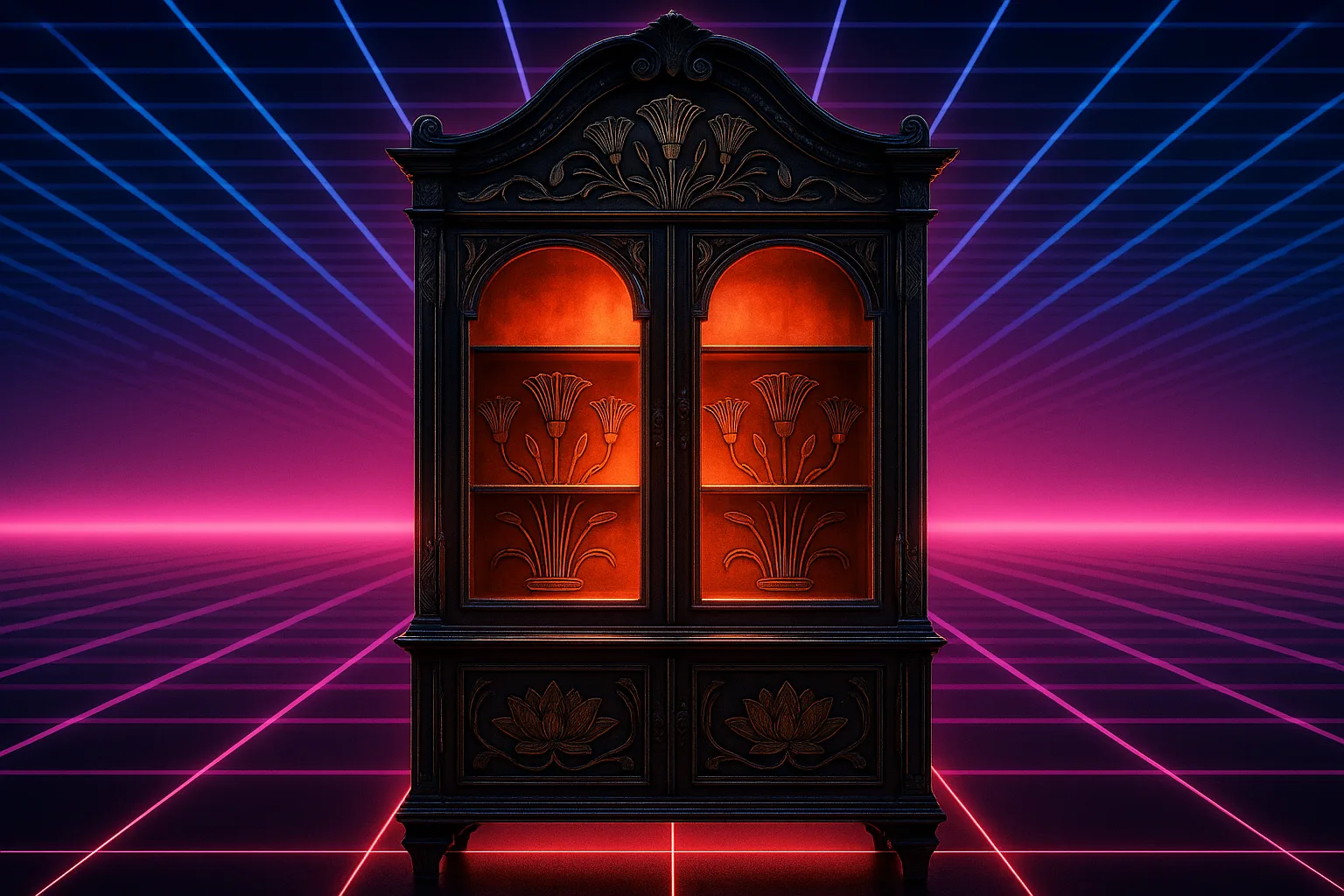 Ornate China Cabinet with Lotus-papyrus Carvings